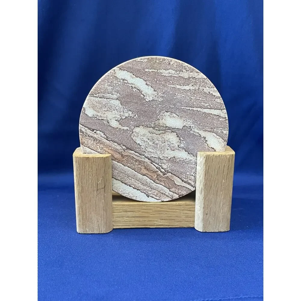 Set of four Sandstone Coasters Marble Design with Wooden Holder